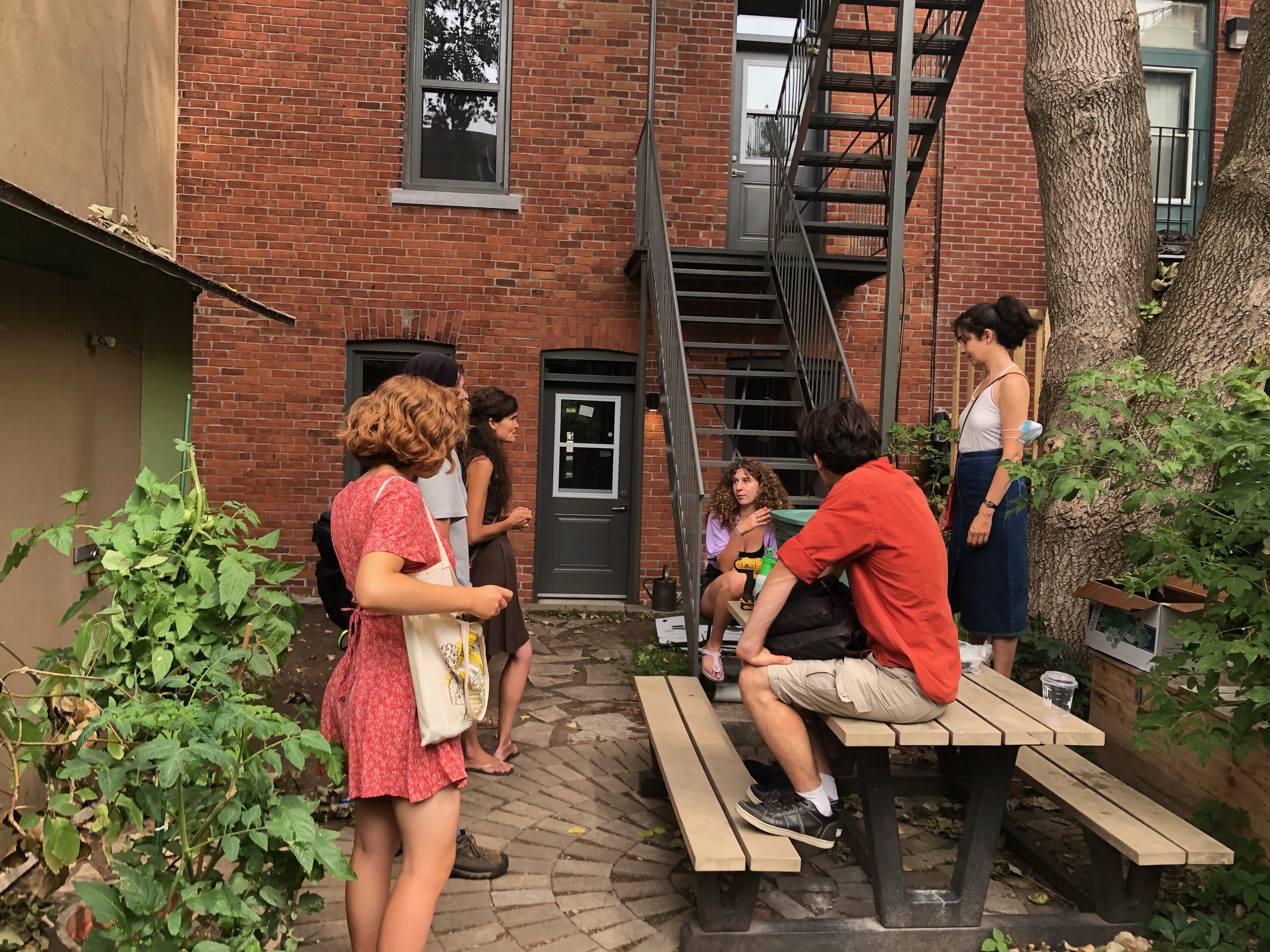 Group of people standing and sitting around a picnic table outside